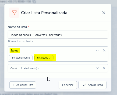 Tela do iHelp: Buscar chats em massa
